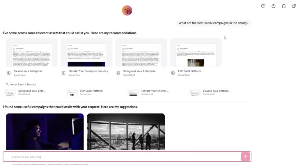 Structured AI assistant recommending approved social posts and campaign assets based on a partner’s written request.