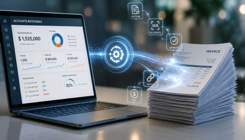 Laptop showing an accounts receivable dashboard sits beside a stack of paper invoices, representing manual vs. digital processes. Glowing workflow icons (capture, OCR, approve, match, pay) flow into a central hub, illustrating automated invoice processing.