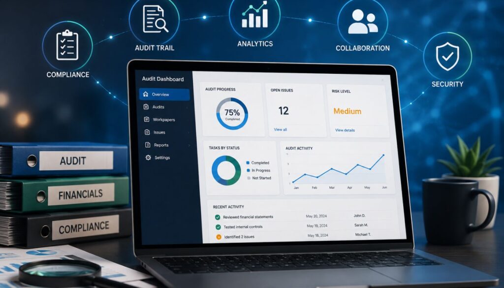 Laptop displaying an audit software dashboard is surrounded by financial documents and compliance folders. Connected digital icons highlight features like analytics, audit trails, collaboration, and security.