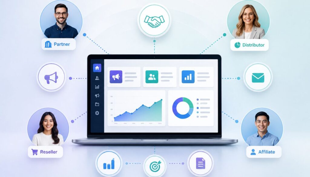 Laptop displaying a channel marketing dashboard connected to multiple partners through icons and network lines. The image represents collaboration between affiliates, resellers, and distributors using software tools.