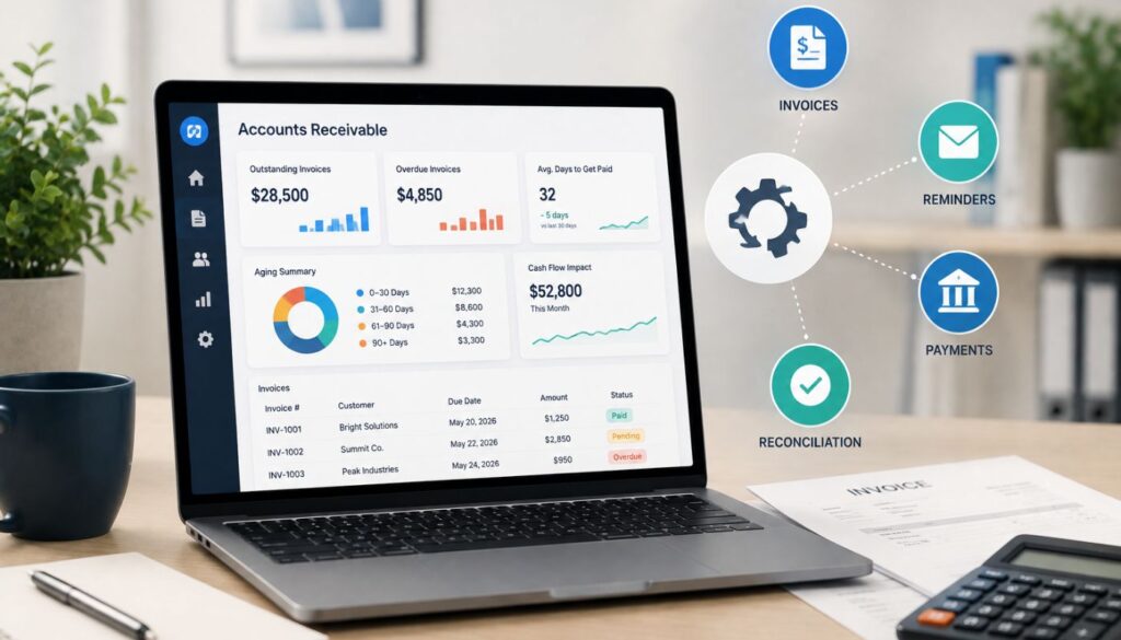 Laptop displaying an accounts receivable dashboard with invoice, payment, reminder, and reconciliation workflows. The image represents automated accounts receivable management for small and midsize businesses.