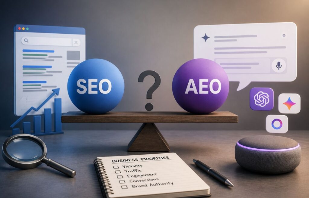 A balanced scale compares traditional search optimization with AI answer optimization, surrounded by search, analytics, and voice-assistant elements.