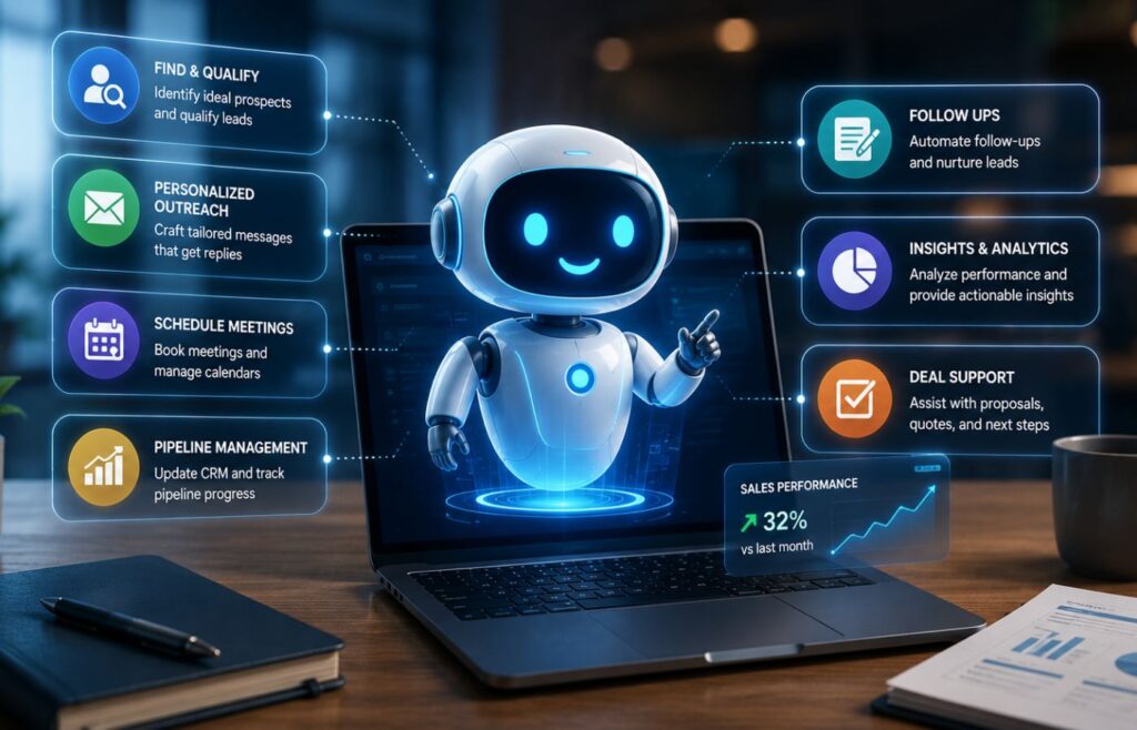 A digital AI assistant emerges from a laptop surrounded by sales workflow elements for prospecting, outreach, scheduling, pipeline management, follow-ups, analytics, and deal support.