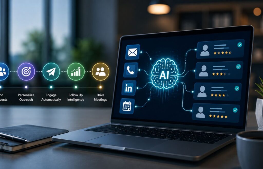 A laptop displays an AI-powered sales development workflow connecting prospecting, outreach, follow-ups, and meeting generation.