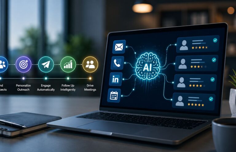A laptop displays an AI-powered sales development workflow connecting prospecting, outreach, follow-ups, and meeting generation.