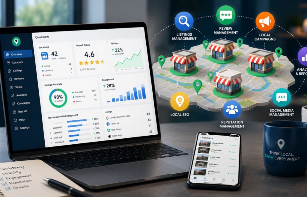 A laptop displays a local marketing dashboard beside a map connecting multiple storefront locations with tools for reviews, listings, analytics, social media, and local campaigns.