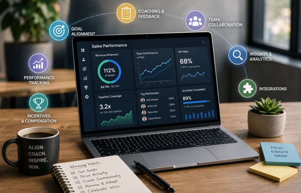 A laptop displays a sales performance dashboard surrounded by visual symbols for goals, coaching, analytics, incentives, collaboration, and integrations.