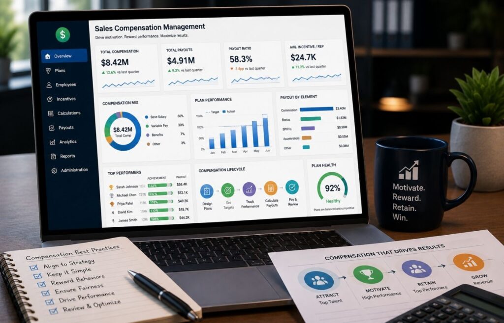 A laptop displays a sales compensation dashboard with incentive plans, payouts, performance tracking, and plan health metrics beside planning materials.