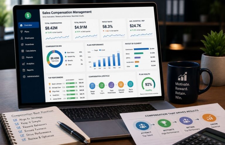 A laptop displays a sales compensation dashboard with incentive plans, payouts, performance tracking, and plan health metrics beside planning materials.