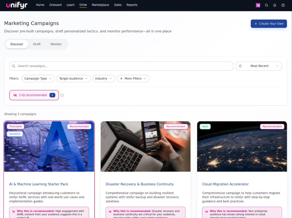 Unifyr marketing portal displaying AI-recommended campaigns that partners can discover, personalize, and monitor.