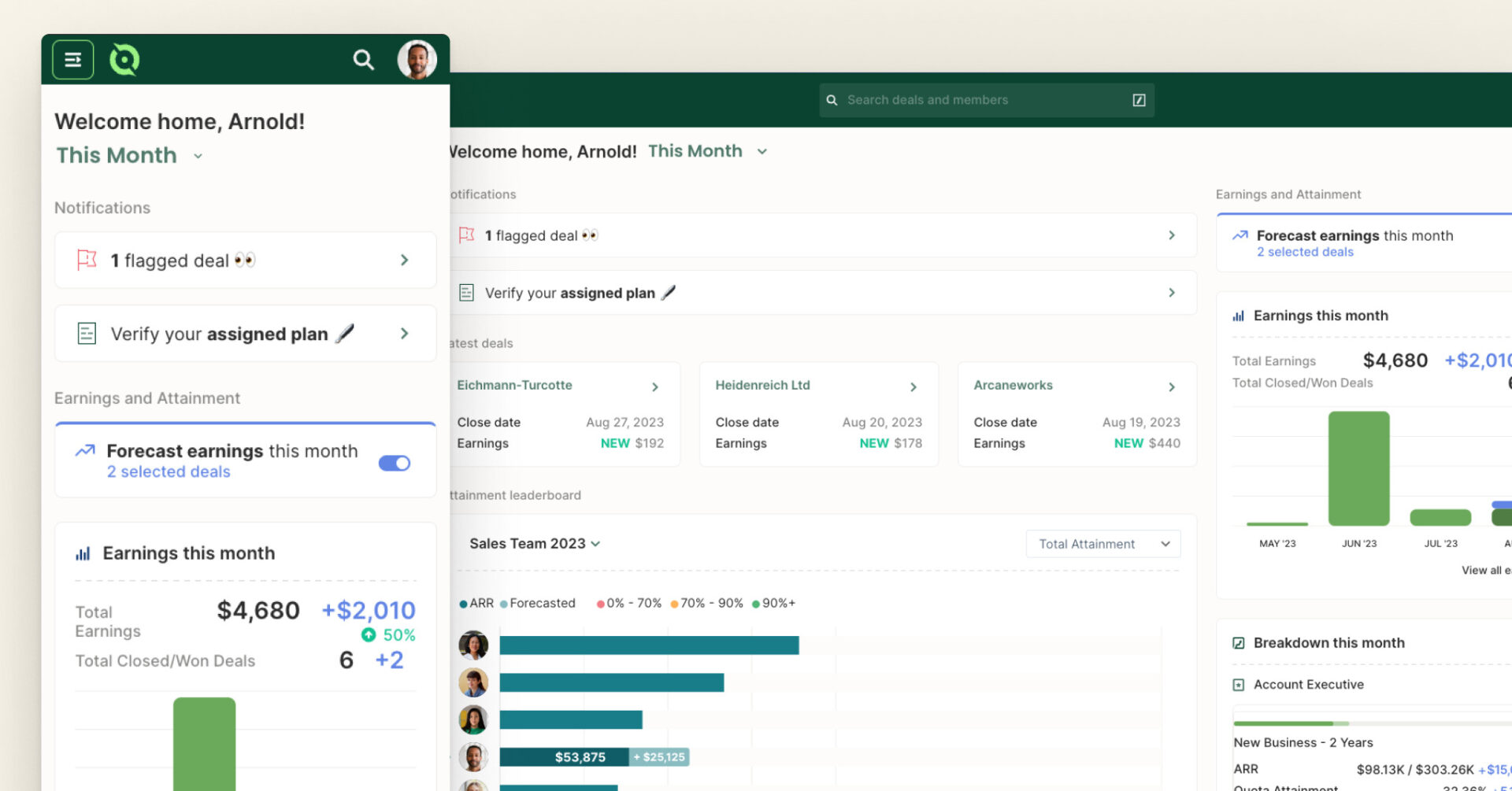 QuotaPath dashboard showing monthly earnings, forecasted commissions, deals, and quota attainment.