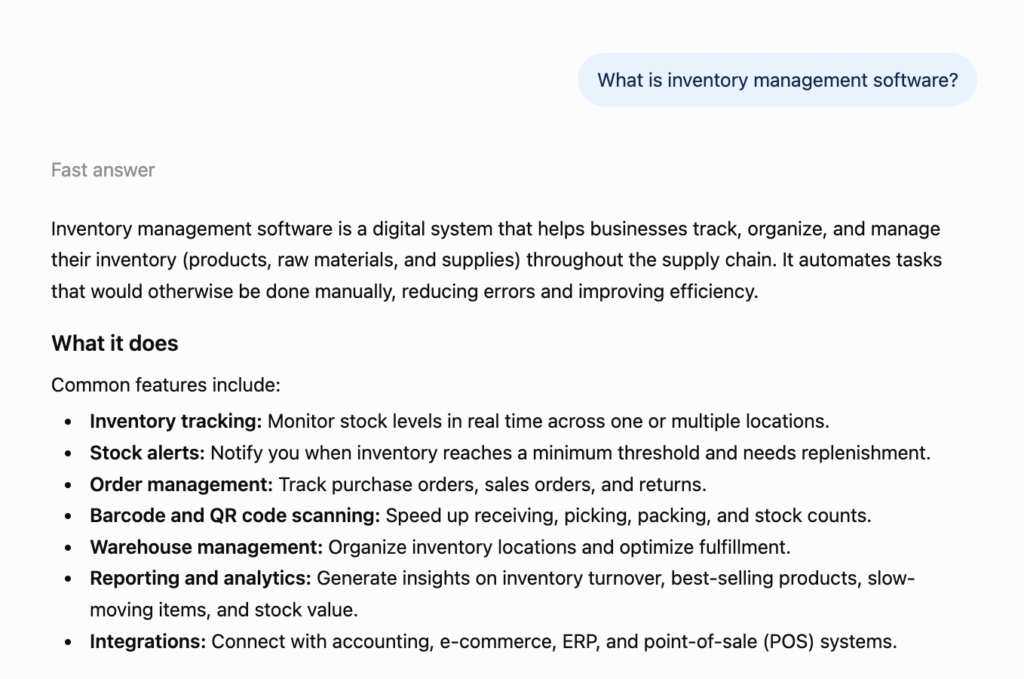 ChatGPT answering the question "What is inventory management software?" with a direct definition and list of common features