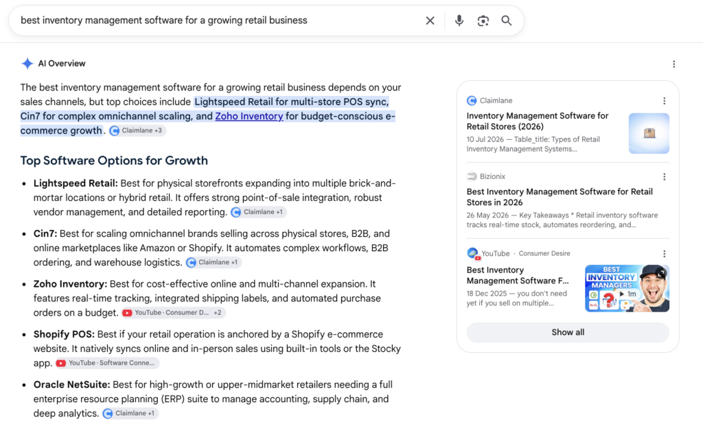 Google AI Overview recommending inventory management software for a growing retail business with supporting sources