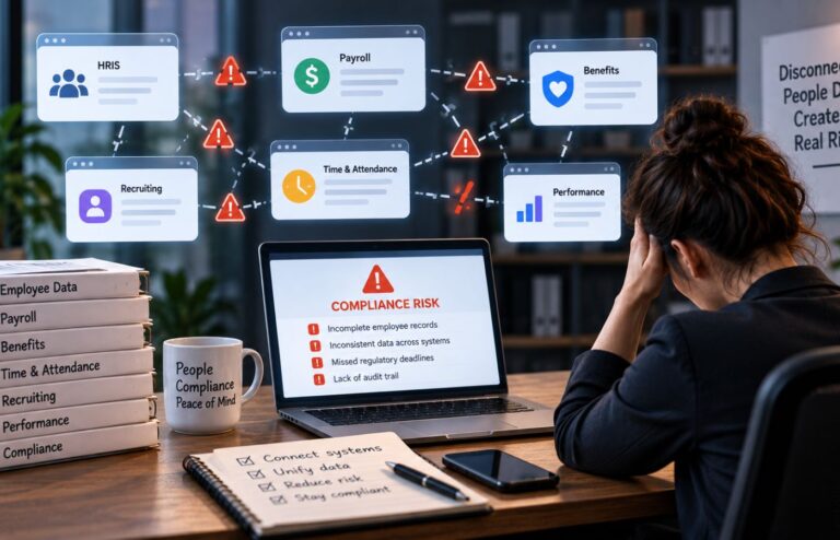 An HR professional faces disconnected employee systems linked by broken data connections and warning symbols, illustrating increased compliance risk.