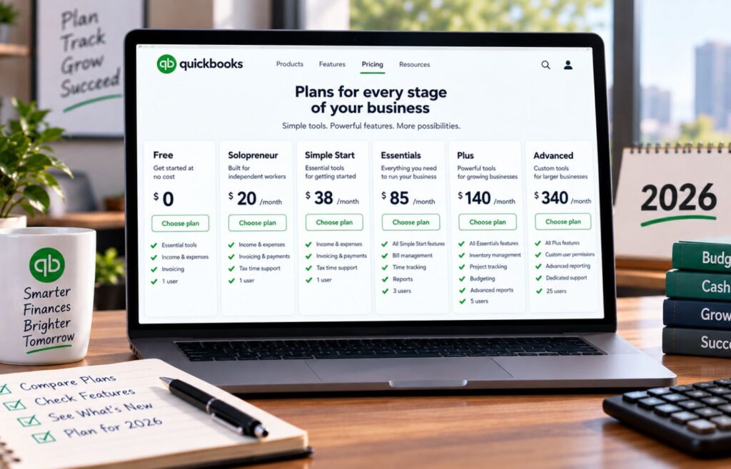 A laptop displays six QuickBooks pricing plans for 2026, surrounded by budgeting materials, a calculator, and financial planning notes.