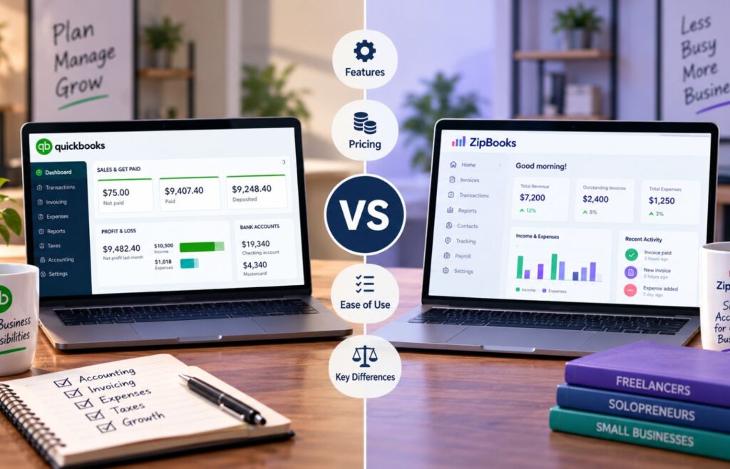 Two laptops display accounting dashboards side by side, visually comparing features, pricing, ease of use, and key differences between the platforms.
