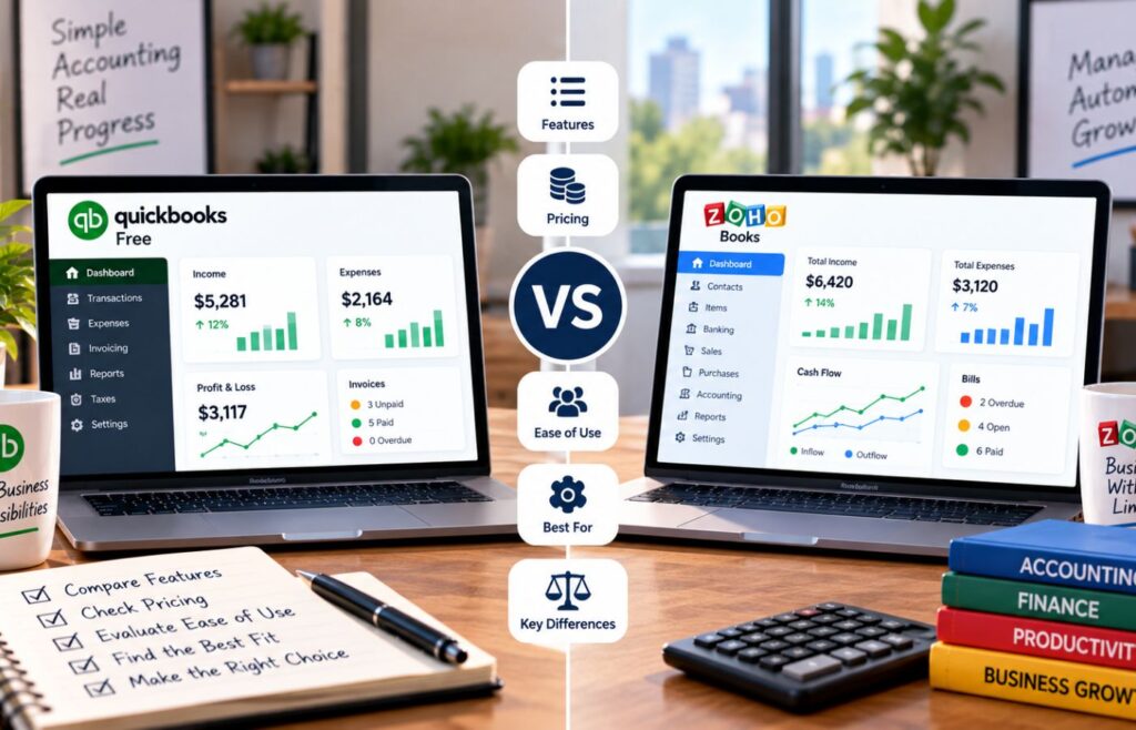 Two laptops display accounting dashboards side by side, visually comparing QuickBooks Free and Zoho Books across features, pricing, ease of use, and key differences.