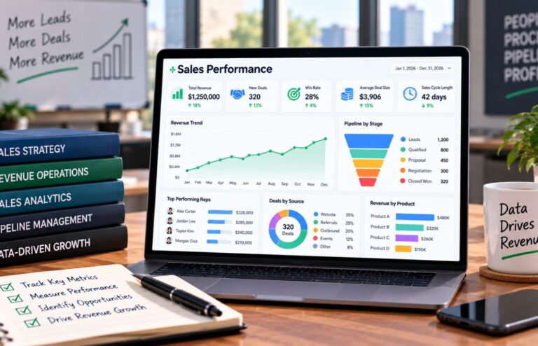 A laptop displays a sales performance dashboard with revenue, deals, win rate, deal size, sales cycle, pipeline stages, and rep performance metrics.