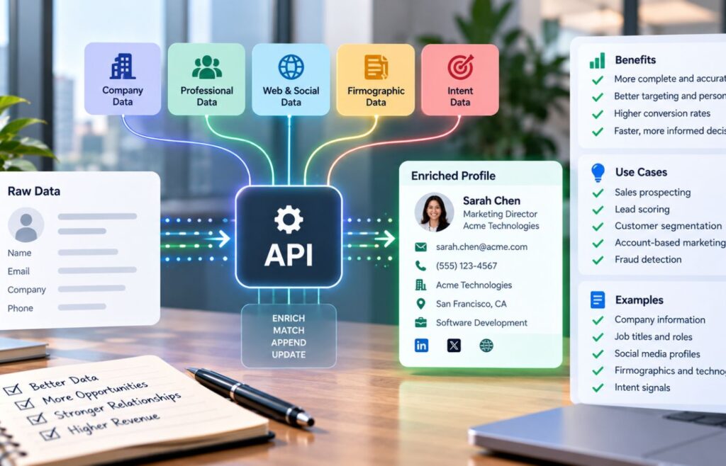 A data enrichment API transforms basic contact information into a detailed profile using company, professional, social, firmographic, and intent data sources.